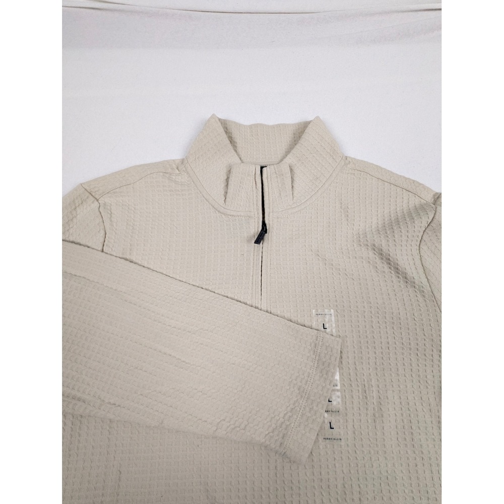 Perry Ellis Mens Waffle Knit Quarter Zip Pullover Cream Cotton Mock Neck Large - Picture 5 of 13